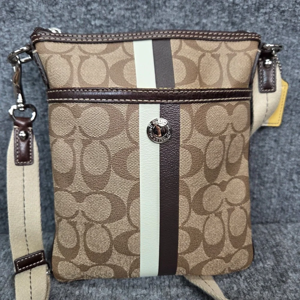 Coach Heritage Stripe Crossbody Signature Khaki Cream Brown Patent Leather Trim